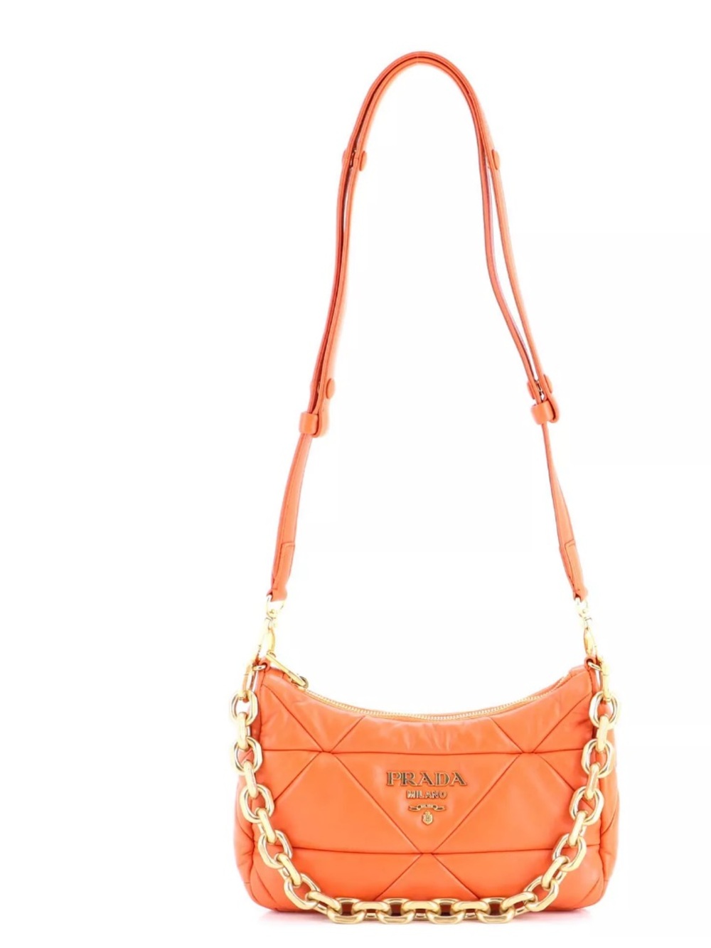 Prada Orange Quilted Leather Shoulder Bag with Gold Chain
